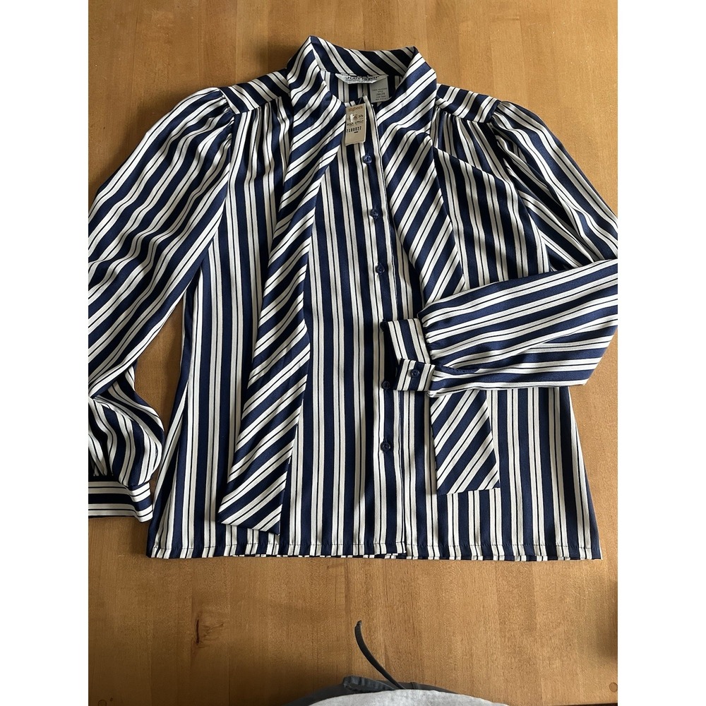 Judy Bond Shirt Women's 12 Stripe Pussybow‎ Button Long Sleeve Vtg NEW Secretary